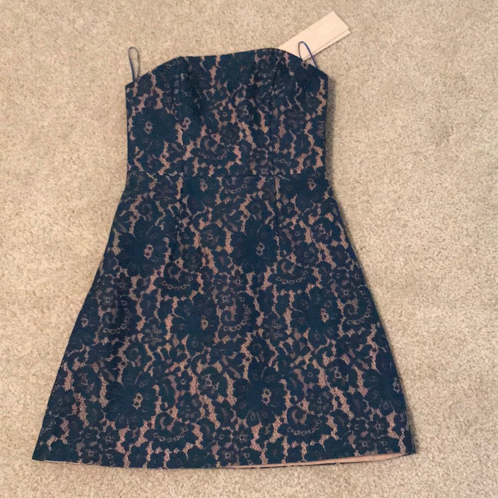 Strapless blue and nude lace dress